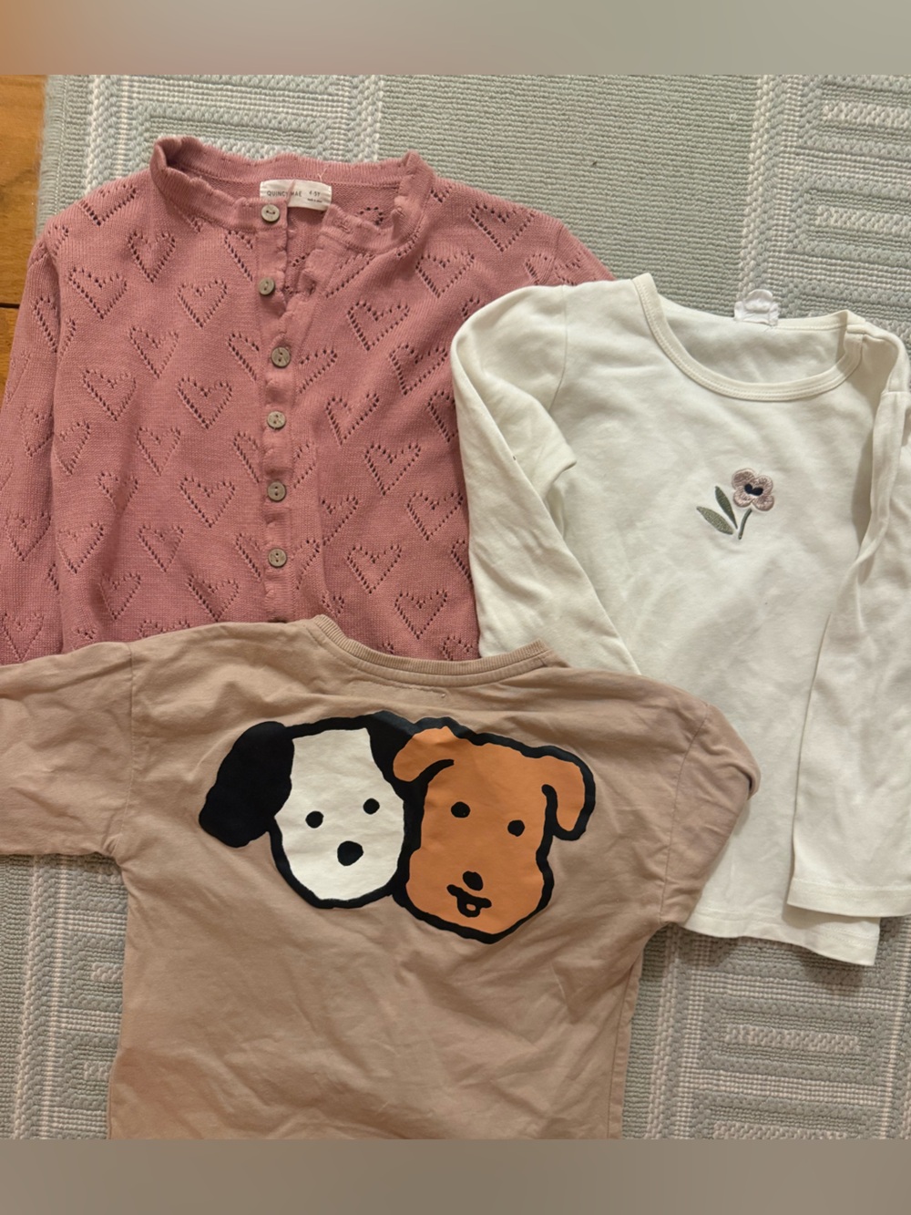 Quincy Mae Pink Eyelet Cardigan, Cream Floral Tee & Tan Dog Patch Top - Picture 2 of 2